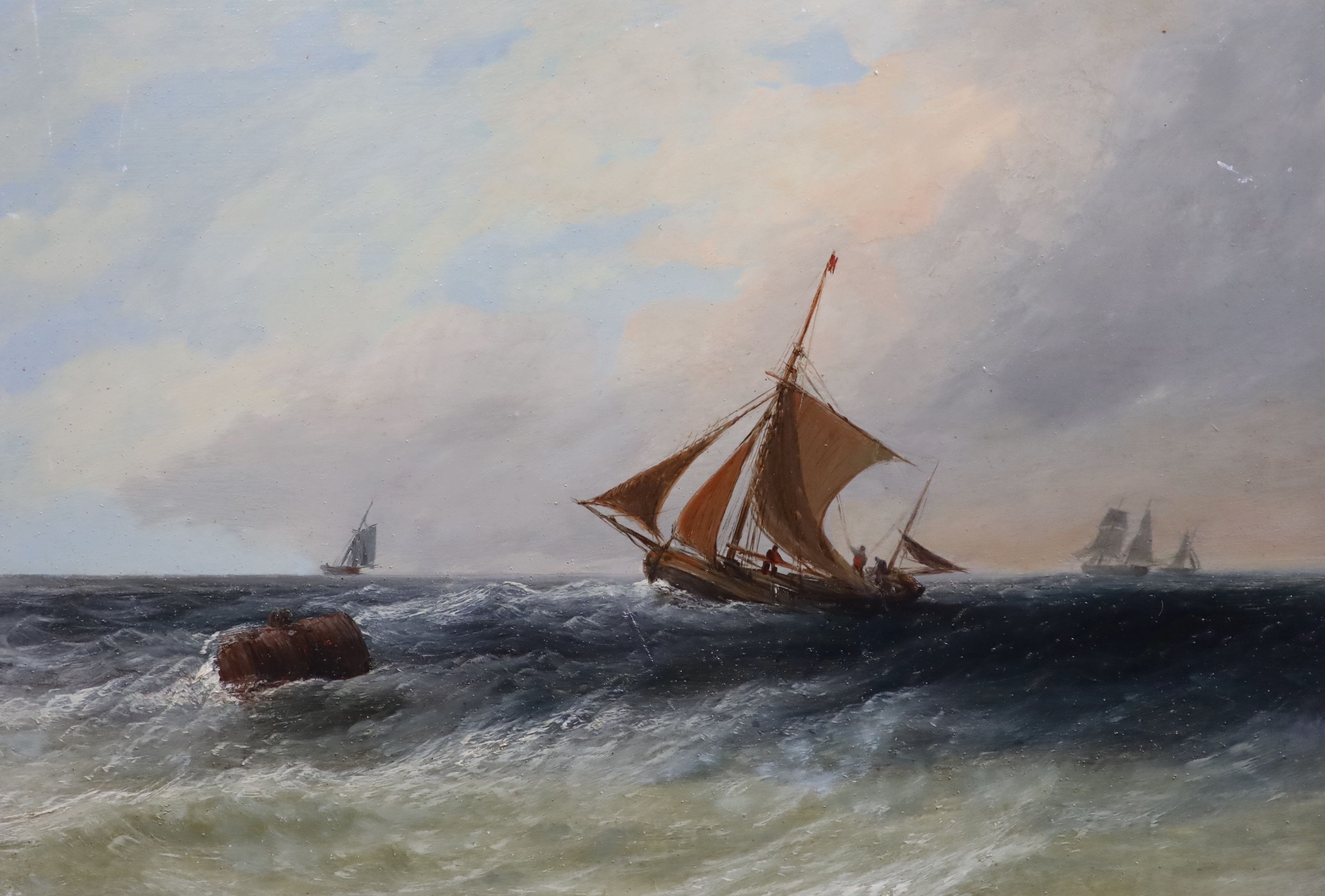 19th century English School , Fishing boats and other shipping off the coast, set of four oils on mill board, 24 x 34cm